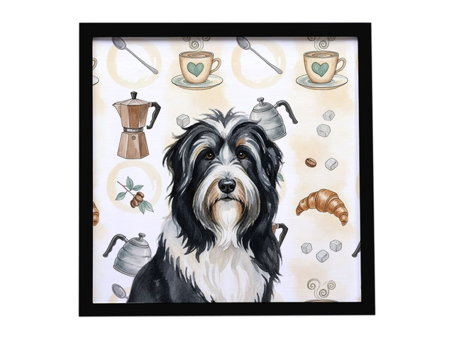 Black Bearded Collie Coffee Bar Framed Metal Print Bathroom, Kitchen, Office, Home Decor Wall Art Ready to Hang, Square, 8X8