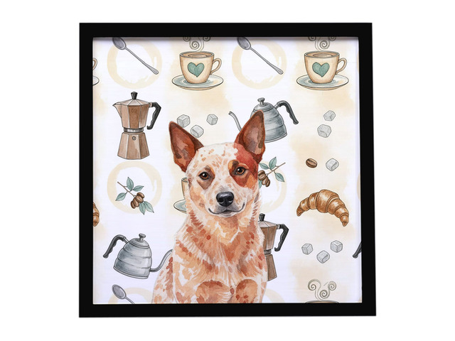 Red Heeler Australian Cattle Dog Coffee Bar Framed Metal Print Bathroom, Kitchen, Office, Home Decor Wall Art Ready to Hang, Square, 8X8