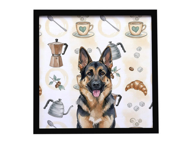 German Shepherd Coffee Bar Framed Metal Print Bathroom, Kitchen, Office, Home Decor Wall Art Ready to Hang, Square, 8X8