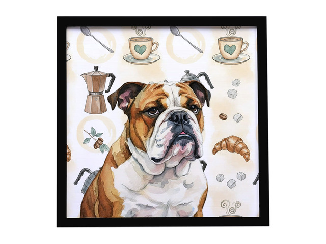 Brindle and White English Bulldog Coffee Bar Framed Metal Print Bathroom, Kitchen, Office, Home Decor Wall Art Ready to Hang, Square, 8X8
