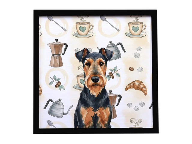 Airedale Terrier Coffee Bar Framed Metal Print Bathroom, Kitchen, Office, Home Decor Wall Art Ready to Hang, Square, 8X8