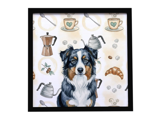 Black Australian Shepherd Coffee Bar Framed Metal Print Bathroom, Kitchen, Office, Home Decor Wall Art Ready to Hang, Square, 8X8