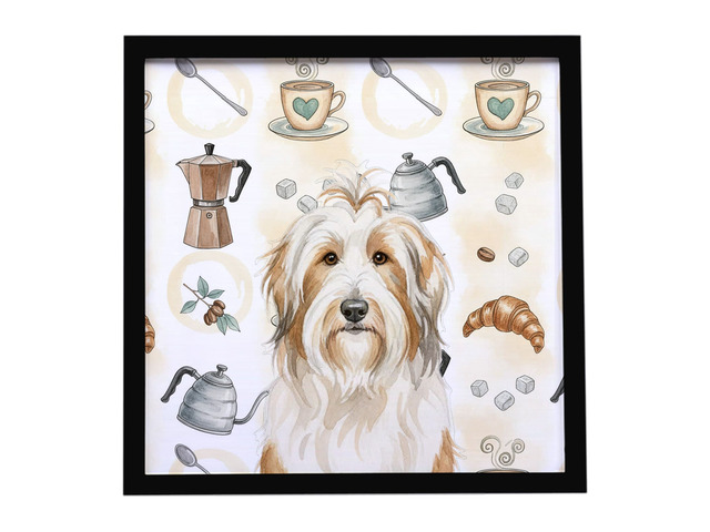 White and Tan Bearded Collie Coffee Bar Framed Metal Print Bathroom, Kitchen, Office, Home Decor Wall Art Ready to Hang, Square, 8X8