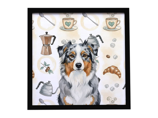 Blue Merle Australian Shepherd Coffee Bar Framed Metal Print Bathroom, Kitchen, Office, Home Decor Wall Art Ready to Hang, Square, 8X8