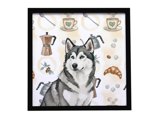 Gray and White Alaskan Malamute Coffee Bar Framed Metal Print Bathroom, Kitchen, Office, Home Decor Wall Art Ready to Hang, Square, 8X8