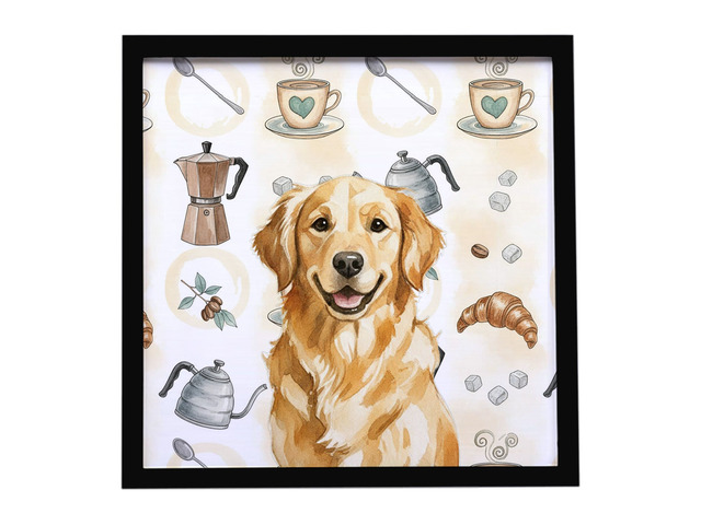 Golden Retriever Coffee Bar Framed Metal Print Bathroom, Kitchen, Office, Home Decor Wall Art Ready to Hang, Square, 8X8