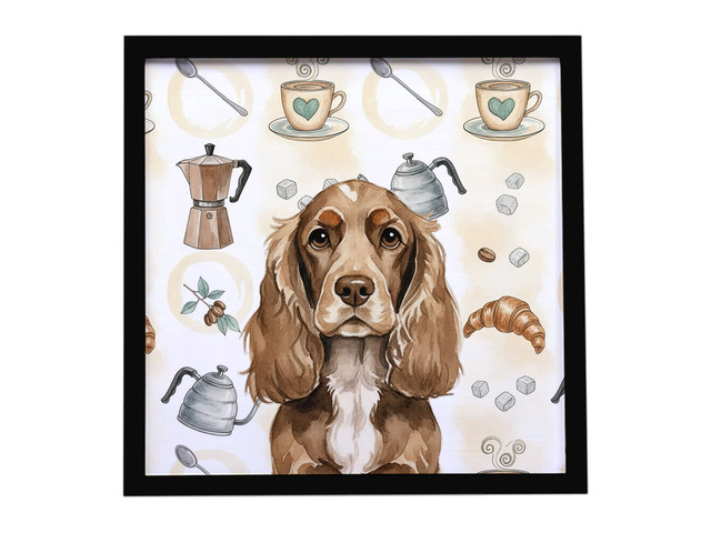 Chocolate Cocker Spaniel Coffee Bar Framed Metal Print Bathroom, Kitchen, Office, Home Decor Wall Art Ready to Hang, Square, 8X8