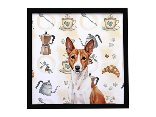 Red and White Basenji Coffee Bar Framed Metal Print Bathroom, Kitchen, Office, Home Decor Wall Art Ready to Hang, Square, 8X8