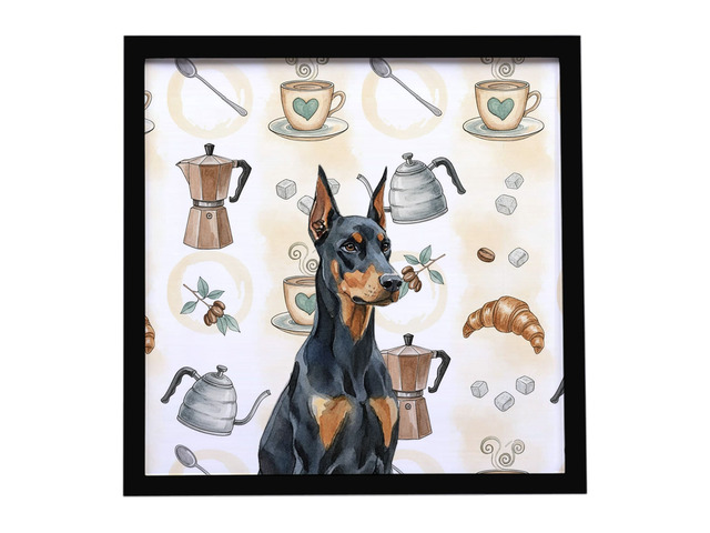 Doberman Pinscher Coffee Bar Framed Metal Print Bathroom, Kitchen, Office, Home Decor Wall Art Ready to Hang, Square, 8X8