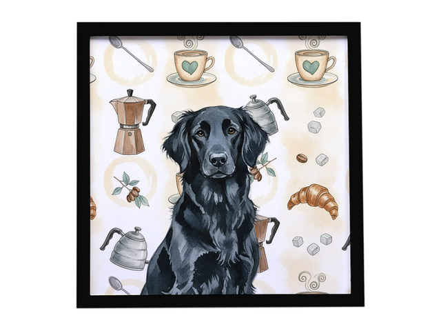 Black Flat-Coated Retriever Coffee Bar Framed Metal Print Bathroom, Kitchen, Office, Home Decor Wall Art Ready to Hang, Square, 8X8