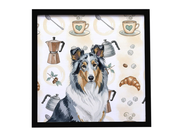 Blue Merle Collie Coffee Bar Framed Metal Print Bathroom, Kitchen, Office, Home Decor Wall Art Ready to Hang, Square, 8X8