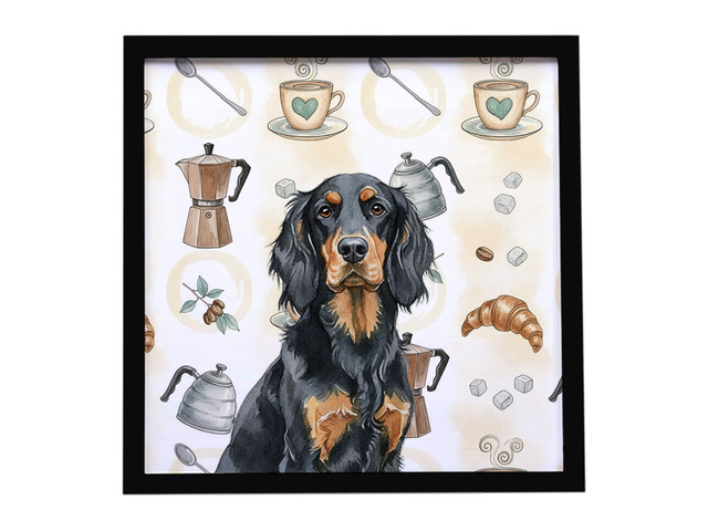 Gordon Setter Coffee Bar Framed Metal Print Bathroom, Kitchen, Office, Home Decor Wall Art Ready to Hang, Square, 8X8
