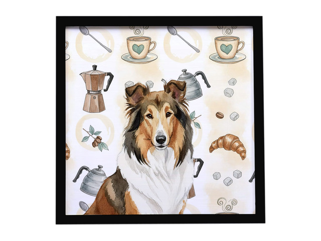 Sable Collie Coffee Bar Framed Metal Print Bathroom, Kitchen, Office, Home Decor Wall Art Ready to Hang, Square, 8X8