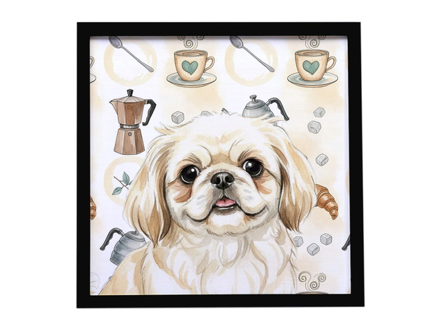Cream Pekingese Coffee Bar Framed Metal Print Bathroom, Kitchen, Office, Home Decor Wall Art Ready to Hang, Square, 8X8