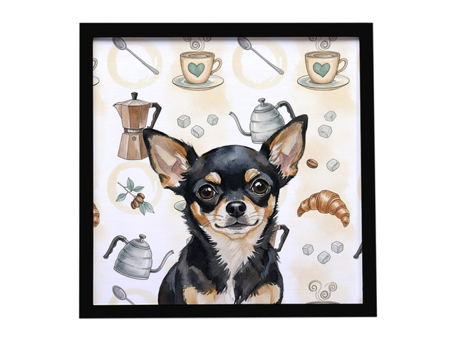 Black and Tan Chihuahua Coffee Bar Framed Metal Print Bathroom, Kitchen, Office, Home Decor Wall Art Ready to Hang, Square, 8X8