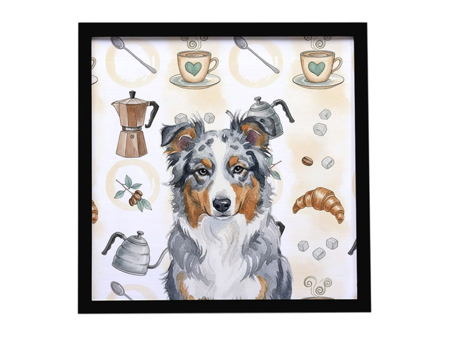Blue Merle American Shepherd Coffee Bar Framed Metal Print Bathroom, Kitchen, Office, Home Decor Wall Art Ready to Hang, Square, 8X8