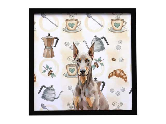Fawn Doberman Pinscher Coffee Bar Framed Metal Print Bathroom, Kitchen, Office, Home Decor Wall Art Ready to Hang, Square, 8X8