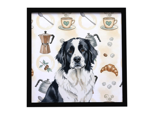 Landseer Newfoundland Coffee Bar Framed Metal Print Bathroom, Kitchen, Office, Home Decor Wall Art Ready to Hang, Square, 8X8