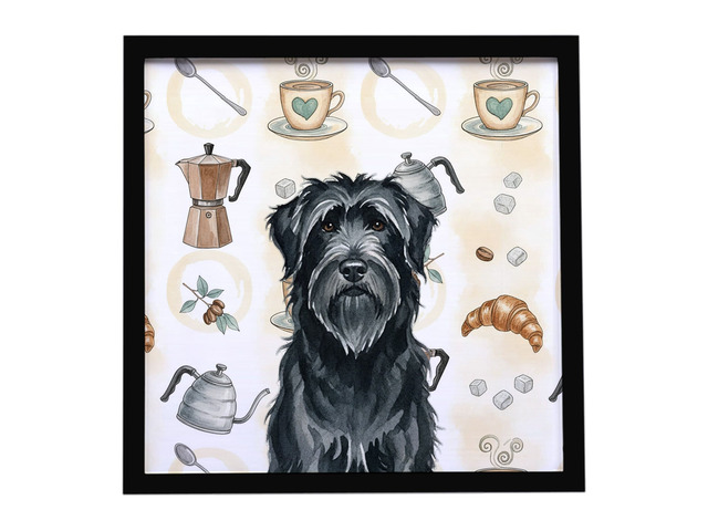 Black Briard Coffee Bar Framed Metal Print Bathroom, Kitchen, Office, Home Decor Wall Art Ready to Hang, Square, 8X8