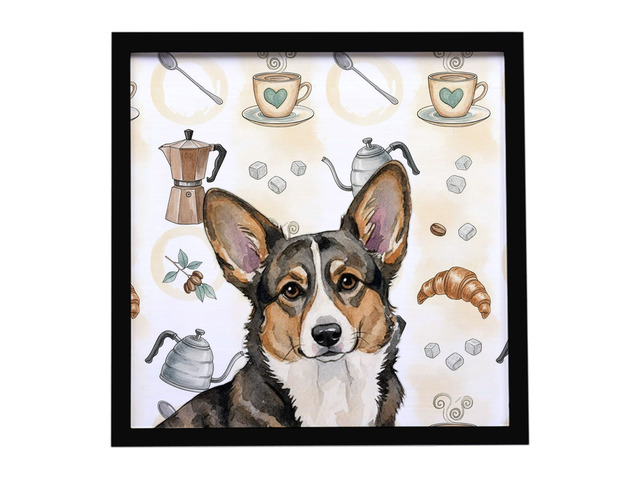 Brindle Cardigan Welsh Corgi Coffee Bar Framed Metal Print Bathroom, Kitchen, Office, Home Decor Wall Art Ready to Hang, Square, 8X8
