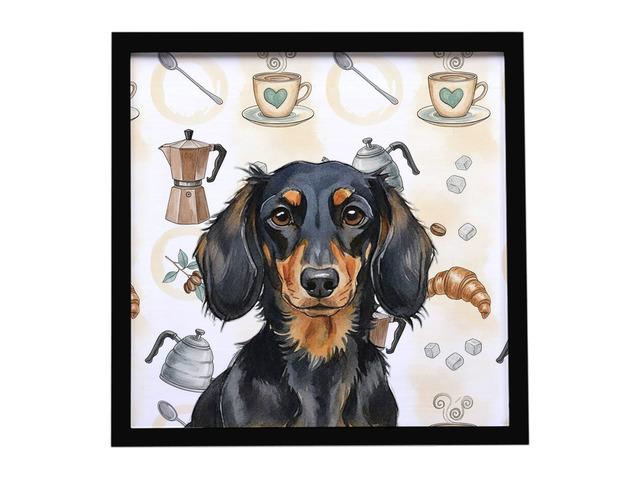Longhaired Black and Tan Dachshund Coffee Bar Framed Metal Print Bathroom, Kitchen, Office, Home Decor Wall Art Ready to Hang, Square, 8X8