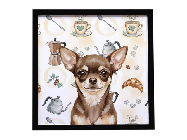 Chocolate Chihuahua Coffee Bar Framed Metal Print Bathroom, Kitchen, Office, Home Decor Wall Art Ready to Hang, Square, 8X8