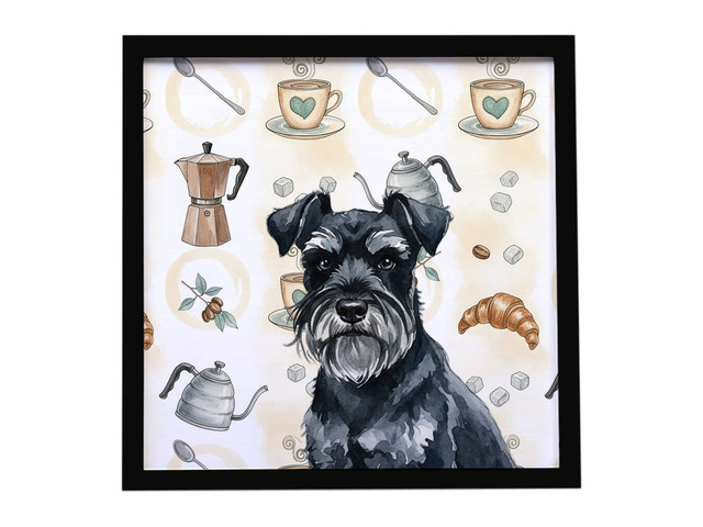 Black Miniature Schnauzer Coffee Bar Framed Metal Print Bathroom, Kitchen, Office, Home Decor Wall Art Ready to Hang, Square, 8X8