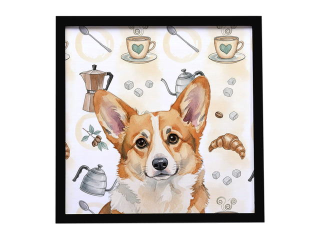 Corgi Coffee Bar Framed Metal Print Bathroom, Kitchen, Office, Home Decor Wall Art Ready to Hang, Square, 8X8