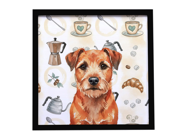 Red Border Terrier Coffee Bar Framed Metal Print Bathroom, Kitchen, Office, Home Decor Wall Art Ready to Hang, Square, 8X8