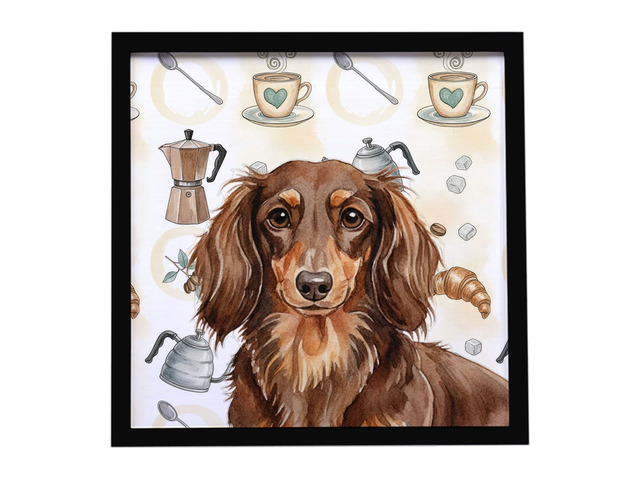 Longhaired Chocolate and Tan Dachshund Coffee Bar Framed Metal Print Bathroom, Kitchen, Office, Home Decor Wall Art Ready to Hang, Square, 8X8