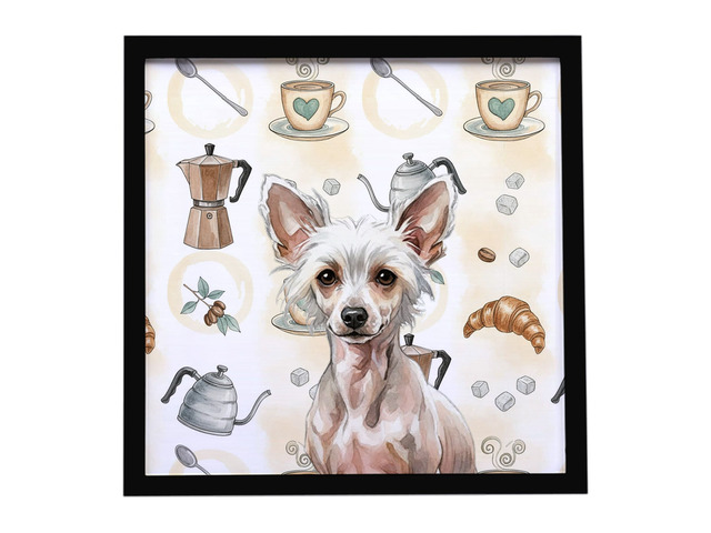 Hairless Chinese Crested Coffee Bar Framed Metal Print Bathroom, Kitchen, Office, Home Decor Wall Art Ready to Hang, Square, 8X8