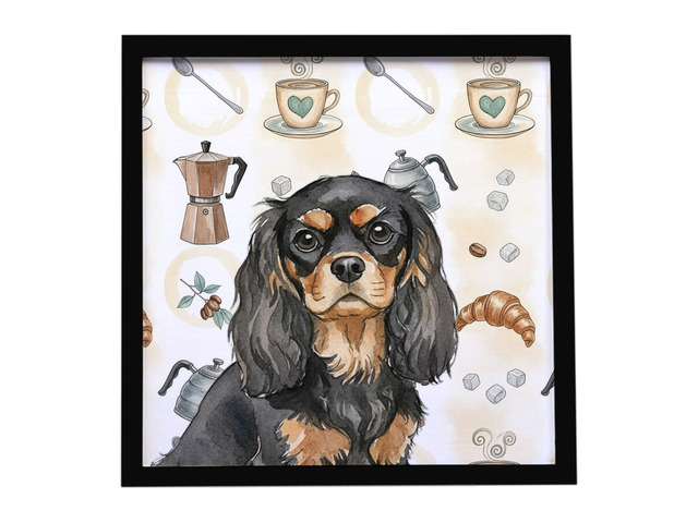 Black and Tan Cavalier Spaniel Coffee Bar Framed Metal Print Bathroom, Kitchen, Office, Home Decor Wall Art Ready to Hang, Square, 8X8
