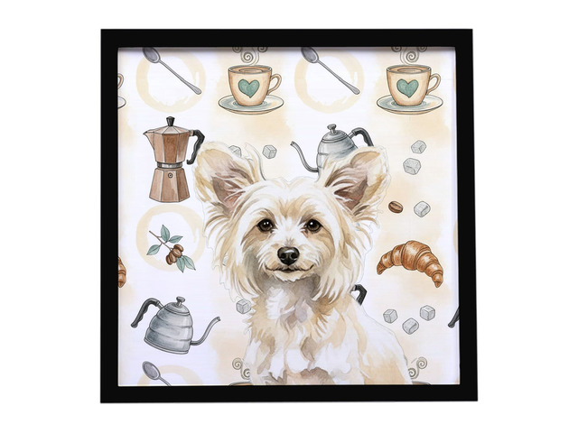 Powderpuff Chinese Crested Coffee Bar Framed Metal Print Bathroom, Kitchen, Office, Home Decor Wall Art Ready to Hang, Square, 8X8