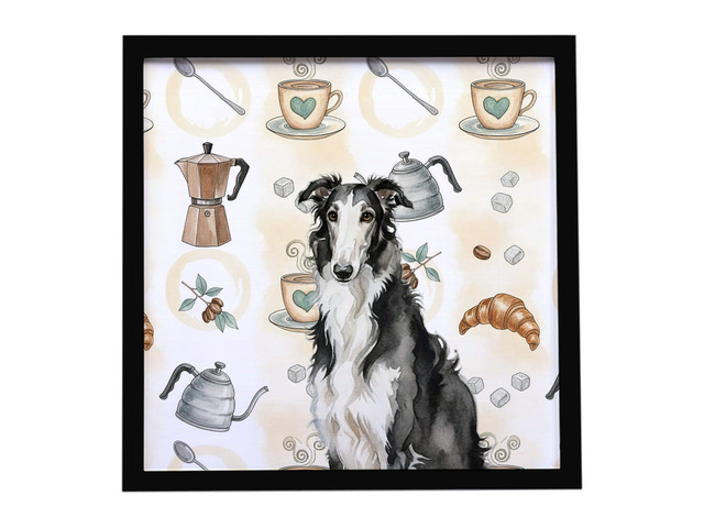 Black and White Borzoi Coffee Bar Framed Metal Print Bathroom, Kitchen, Office, Home Decor Wall Art Ready to Hang, Square, 8X8