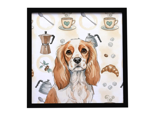 Blenheim Cavalier Spaniel Coffee Bar Framed Metal Print Bathroom, Kitchen, Office, Home Decor Wall Art Ready to Hang, Square, 8X8