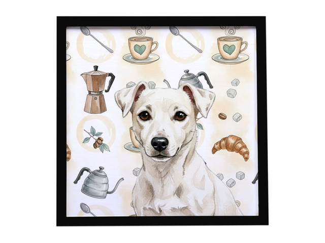White Jack Russell Terrier Coffee Bar Framed Metal Print Bathroom, Kitchen, Office, Home Decor Wall Art Ready to Hang, Square, 8X8