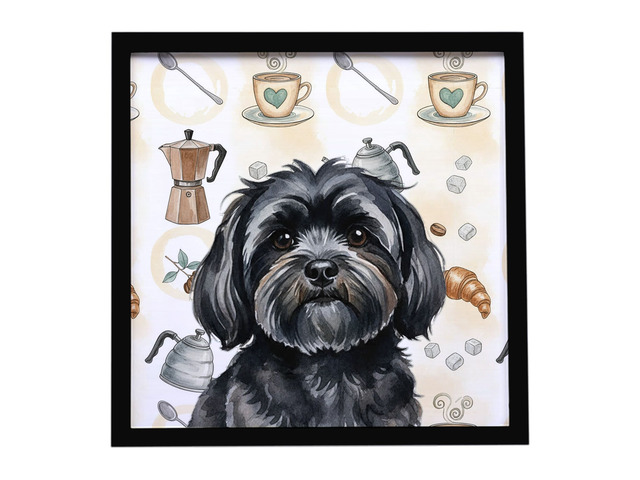 Black Lhasa Apso Coffee Bar Framed Metal Print Bathroom, Kitchen, Office, Home Decor Wall Art Ready to Hang, Square, 8X8