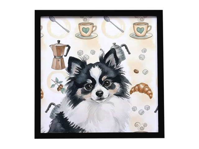 Black and White Pomeranian Coffee Bar Framed Metal Print Bathroom, Kitchen, Office, Home Decor Wall Art Ready to Hang, Square, 8X8