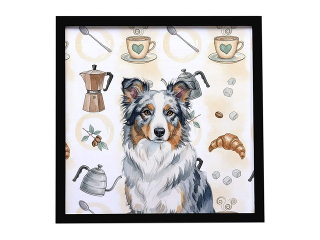 Blue Merle Border Collie Coffee Bar Framed Metal Print Bathroom, Kitchen, Office, Home Decor Wall Art Ready to Hang, Square, 8X8