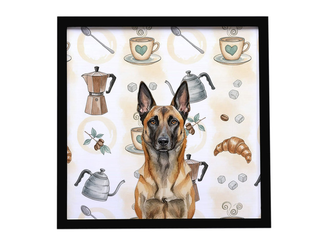 Belgian Malinois Coffee Bar Framed Metal Print Bathroom, Kitchen, Office, Home Decor Wall Art Ready to Hang, Square, 8X8
