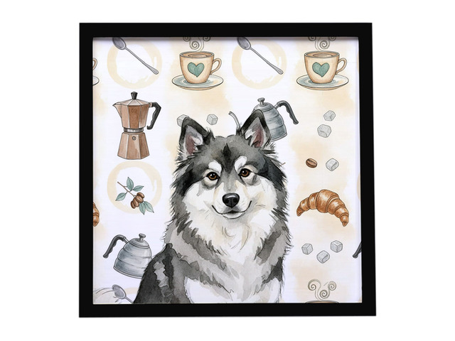 Keeshond Coffee Bar Framed Metal Print Bathroom, Kitchen, Office, Home Decor Wall Art Ready to Hang, Square, 8X8