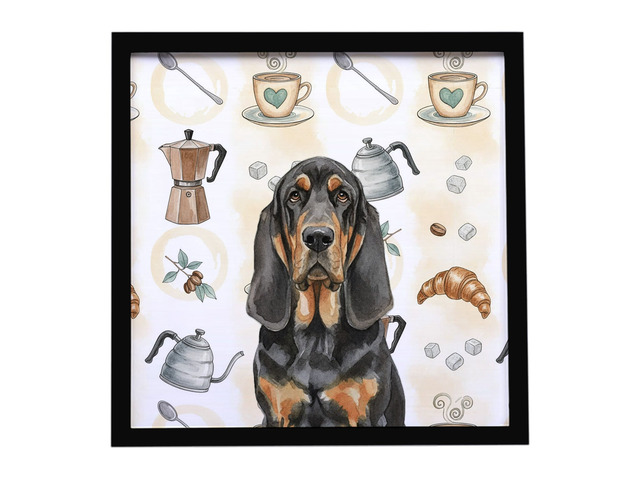 Black and Tan Bloodhound Coffee Bar Framed Metal Print Bathroom, Kitchen, Office, Home Decor Wall Art Ready to Hang, Square, 8X8