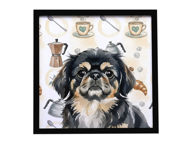 Black and Tan Pekingese Coffee Bar Framed Metal Print Bathroom, Kitchen, Office, Home Decor Wall Art Ready to Hang, Square, 8X8