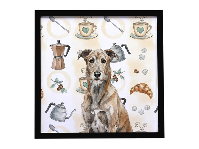 Brindle Irish Wolfhound Coffee Bar Framed Metal Print Bathroom, Kitchen, Office, Home Decor Wall Art Ready to Hang, Square, 8X8