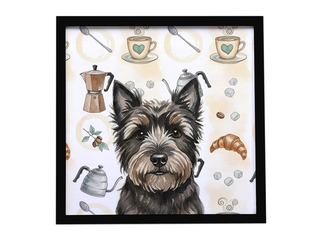 Black Cairn Terrier Coffee Bar Framed Metal Print Bathroom, Kitchen, Office, Home Decor Wall Art Ready to Hang, Square, 8X8