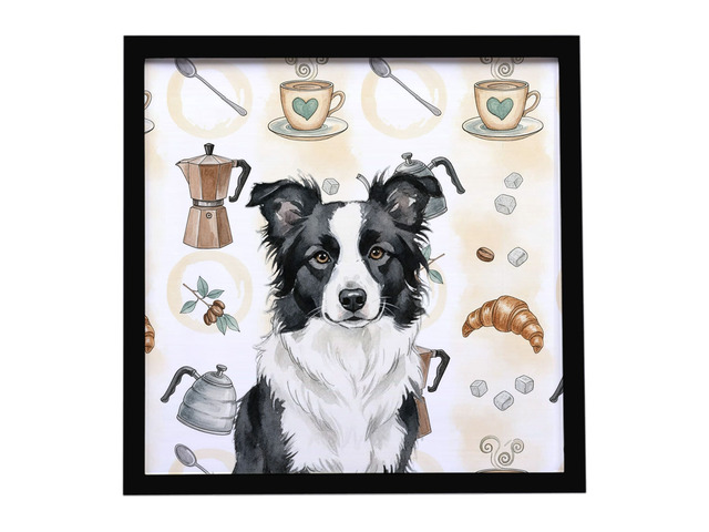 Border Collie Coffee Bar Framed Metal Print Bathroom, Kitchen, Office, Home Decor Wall Art Ready to Hang, Square, 8X8