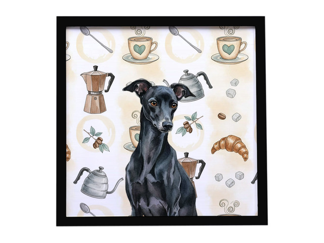 Black Italian Greyhound Coffee Bar Framed Metal Print Bathroom, Kitchen, Office, Home Decor Wall Art Ready to Hang, Square, 8X8