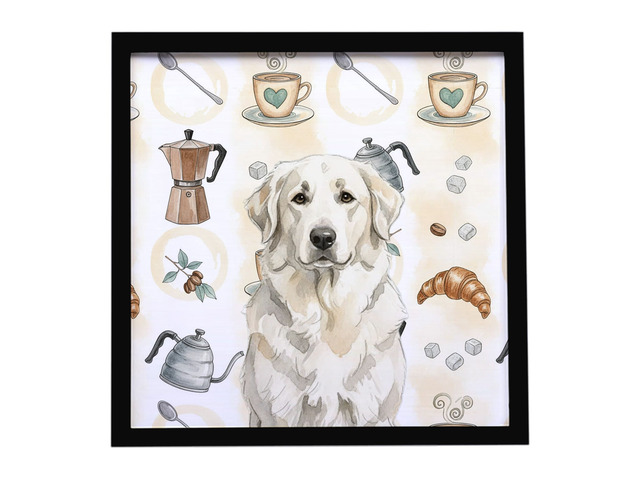 White Great Pyrenees Coffee Bar Framed Metal Print Bathroom, Kitchen, Office, Home Decor Wall Art Ready to Hang, Square, 8X8