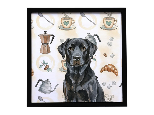 Black Labrador Retriever Coffee Bar Framed Metal Print Bathroom, Kitchen, Office, Home Decor Wall Art Ready to Hang, Square, 8X8