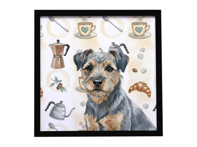 Blue and Tan Border Terrier Coffee Bar Framed Metal Print Bathroom, Kitchen, Office, Home Decor Wall Art Ready to Hang, Square, 8X8